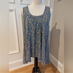 Natural Life Floral Dandelion Blue Tank Shirt Flowing Marigold Tee